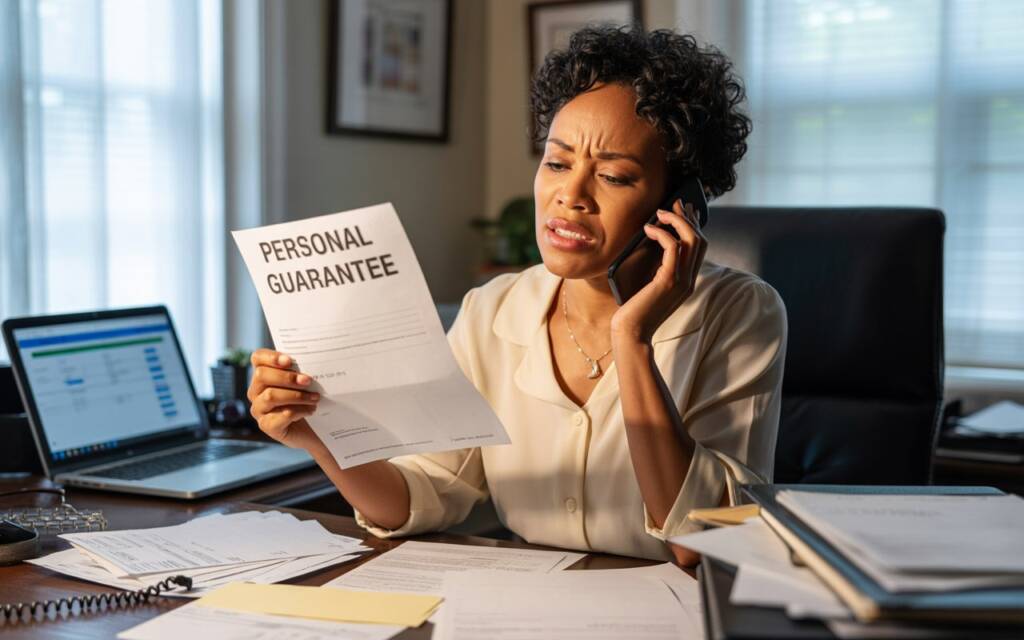 A business director speaks to her bank on the phone while reviewing the terms of her personal guarantee, having had it called in and causing her financial distress.