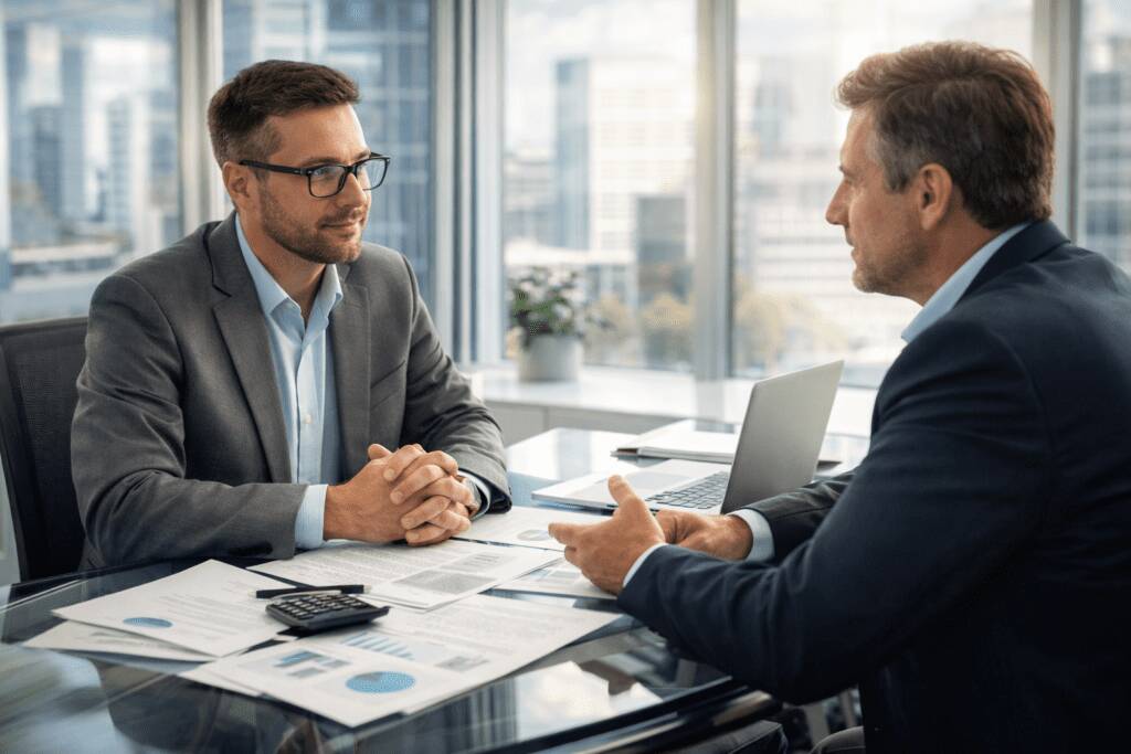 A professional negotiation scene between a business consultant and a client across a desk