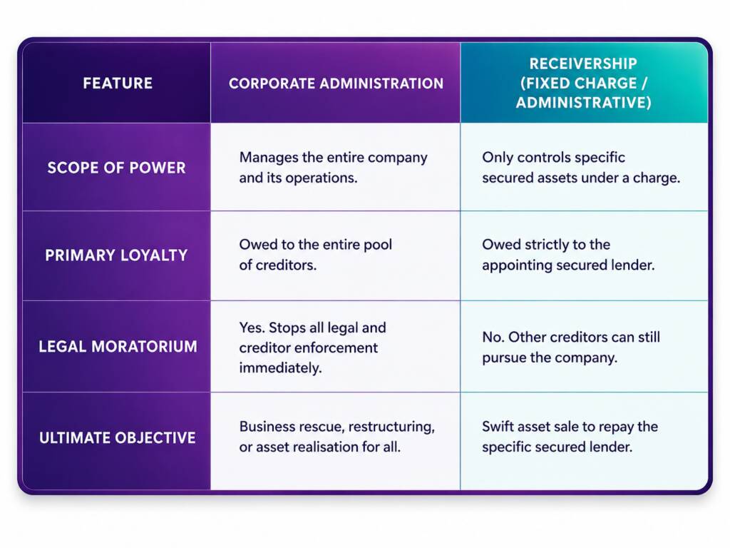 A comparison table comparing "Corporate Administration" and "Receivership (Fixed Charge / Administrative)" across four key features.

Scope of Power: Corporate Administration manages the entire company and its operations, while Receivership only controls specific secured assets under a charge.

Primary Loyalty: Corporate Administration is owed to the entire pool of creditors, while Receivership is owed strictly to the appointing secured lender.

Legal Moratorium: Corporate Administration includes a moratorium ("Yes"), which stops all legal and creditor enforcement immediately. Receivership does not ("No"), meaning other creditors can still pursue the company.

Ultimate Objective: Corporate Administration aims for business rescue, restructuring, or asset realisation for all. Receivership aims for a swift asset sale to repay the specific secured lender.