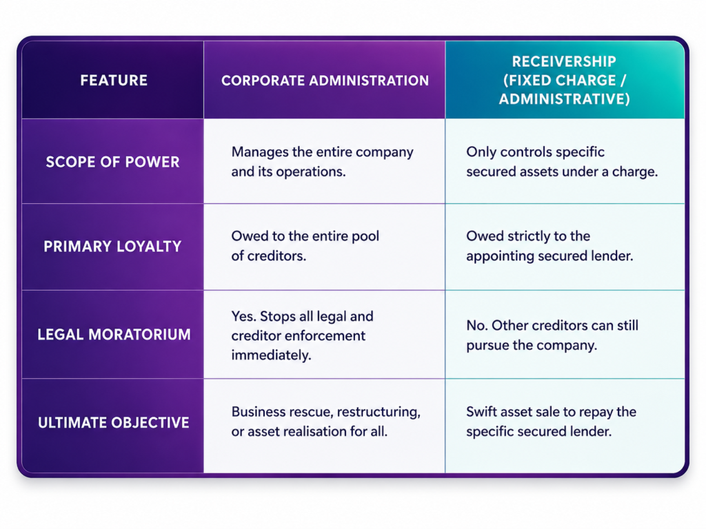 A comparison table comparing "Corporate Administration" and "Receivership (Fixed Charge / Administrative)" across four key features.

Scope of Power: Corporate Administration manages the entire company and its operations, while Receivership only controls specific secured assets under a charge.

Primary Loyalty: Corporate Administration is owed to the entire pool of creditors, while Receivership is owed strictly to the appointing secured lender.

Legal Moratorium: Corporate Administration includes a moratorium ("Yes"), which stops all legal and creditor enforcement immediately. Receivership does not ("No"), meaning other creditors can still pursue the company.

Ultimate Objective: Corporate Administration aims for business rescue, restructuring, or asset realisation for all. Receivership aims for a swift asset sale to repay the specific secured lender.